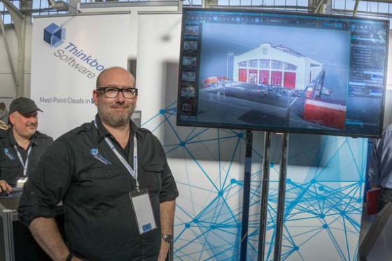 Thinkbox CEO and founder Chris Bond was showing Sequoia to the AEC world at Real 2015. The screen is showing a meshed model created from a scan of the Fort Mason building where the show was going on. (Source: JPR)