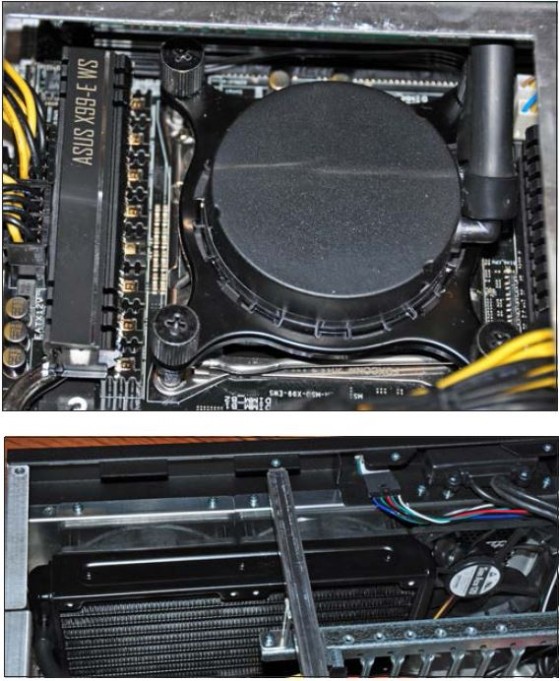The Apexx 4’s liquid-cooling solution: the CPU’s water block (top) and dual-fan radiator (bottom). (Source: JPR)