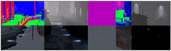 Screenshots showing contents of Deferred Shader’s G-buffer: normal, depth, color, and semi-transparent. (Source: Basemark). 