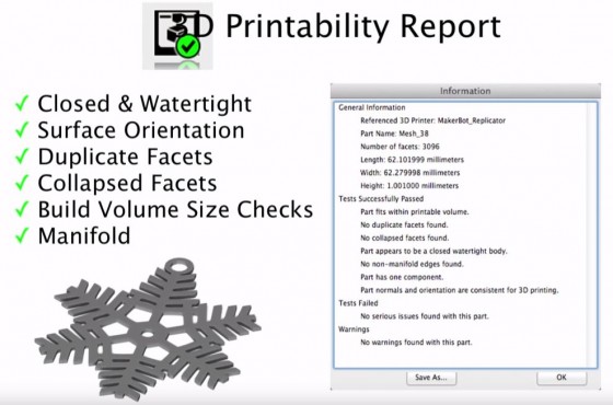 A 3D printability report based on model analysis is one of many features in the new TurboCAD Mac PowerPack. (Source: IMSI/Design)