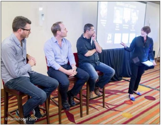 The JPR Siggraph Luncheon panel (from left) of James Knight, Grant Anderson, and Sanjay Das talk with JPR’s Kathleen Maher about the trends they are seeing in the content creation industries. (Source: Harris Fogel for JPR)