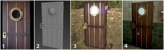 The four stages of asset creation, using physically based rendering as the basis for dynamic reflection: 1. Image reference; 2. Poly-modeling; 3. Texturing; 4. Final in-game placement. (Source: Geomerics) 