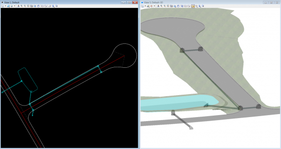 Side-by-side views are available when using StormCAD inside OpenRoad. (Source: Bentley Systems) 