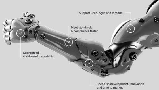 Because PLM screenshots are usually pretty boring, we offer this robotic arm from the Polarion home page, highlighting key reasons for using application lifecycle management for developing smart products. (Source: Polarion) 