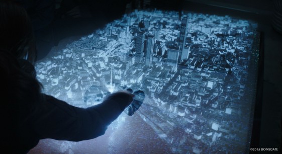The rebels in The Hunger Games: Mockingjay Part 2 get a close look at the capital city of Panem from a holographic projection. (Source: Lionsgate)