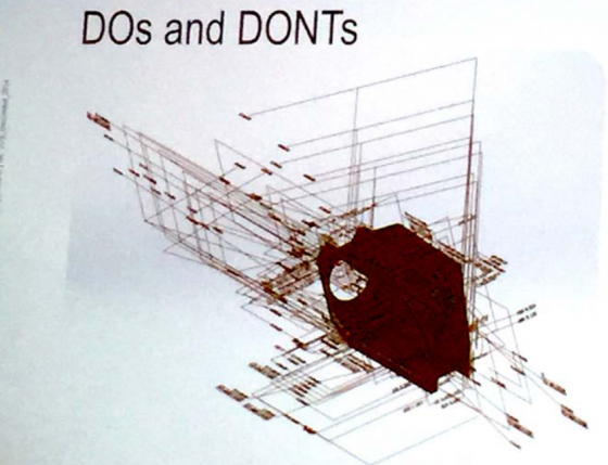 SolidWorks says don’t do this. There is such a thing as too much data, and products like SolidWorks’ MBD help professionals select only the required information to include in an MBD document. (Source: JPR, from SolidWorks slide)