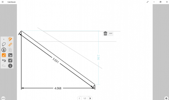 The sparse Catchbook hides a surprisingly agile context-sensitive interface. The current mode means lines and curves will be recognized, it recognizes digital pen input, and dimensions have been turned on. Help is provided with basic videos when the information button is clicked. (Source: screen capture)