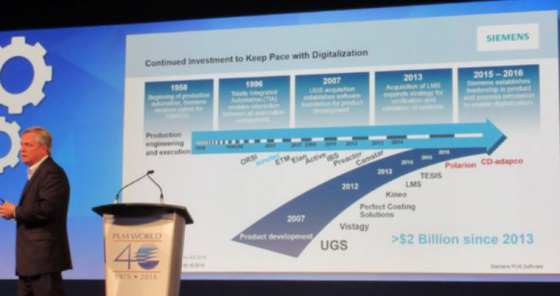 Siemens PLM CEO Chuck Grindstaff explains the history of acquisitions that have contributed to the company’s technical growth. (Source: Roopinder Tara, Engineering.com)