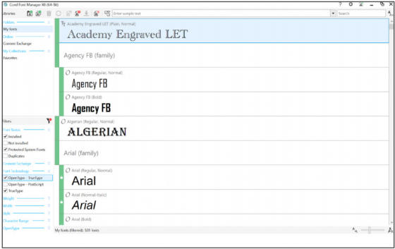 Corel’s new font manager provides access to all the fonts on your system and makes managing them easier. It’s not real pretty, but it is easy to use and understand. (Source: Corel screen capture)