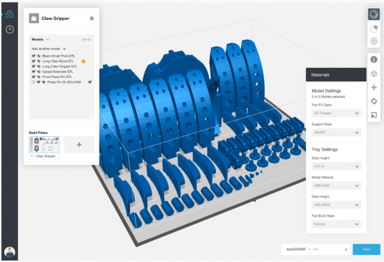 GrabCAD Print will automate time-to-print for 3D models with routines to automate and optimize repair and print production. In this screenshot, parts are being arranged to take full advantage of the available print space. (Source: Stratasys) 