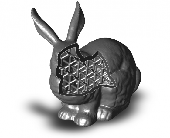 Polygonica can be used to calculate the best way to hollow out a solid to save on 3D printing material cost, as in this example of solving for infill. (Source: MachineWorks Ltd.)