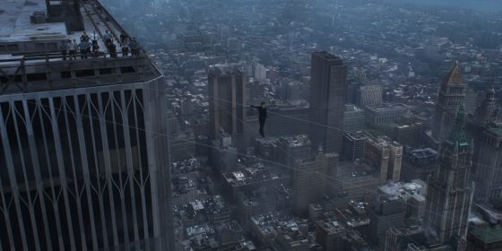 Philippe Petit (Joseph Gordon-Levitt) starts his 45-minute escapade above the streets of 1974 Manhattan in The Wire. (Source: Atomic Fiction)