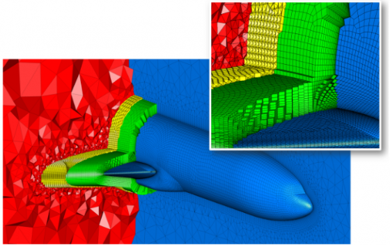 Section through hybrid mesh of an automatically partitioned air domain. (Source: ITI)