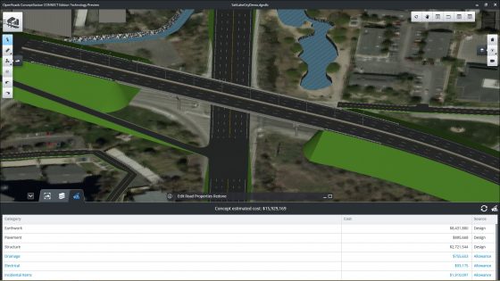 OpenRoads ConceptStation includes automated cost calculation tools to help with planning and pre-bid. (Source: Bentley Systems) 