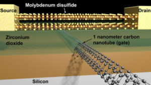Schematic of a transistor with molybdenum disulfide semiconductor and 1-nanometer carbon nanotube gate. (credit: Sujay Desai/Berkeley Lab)