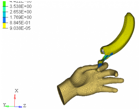 Bringing computer simulation to a complex task, cracking open a banana with one hand. (Source: Altair)