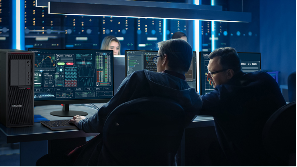 Two men looking at workstation screens